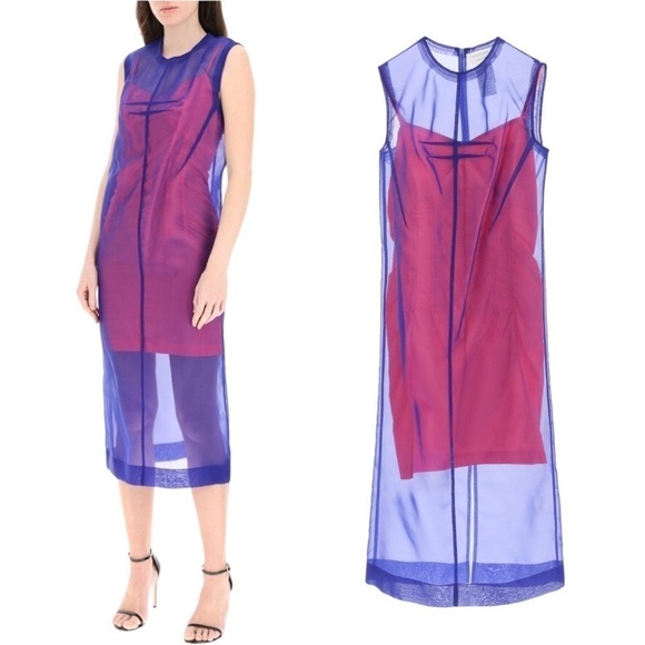SportMax | NWT Abito Giglio Sovrapposto Midi dress in Blue and Red - Size US 8 - Picture 2 of 8